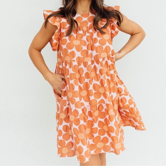 Jacquie the Label Babydoll Dress Orange Floral Flutter Sleeve Square Neckline - Picture 7 of 7
